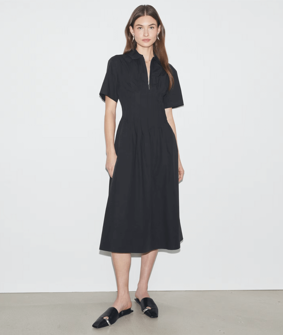 tory burch pleat waist dress on model